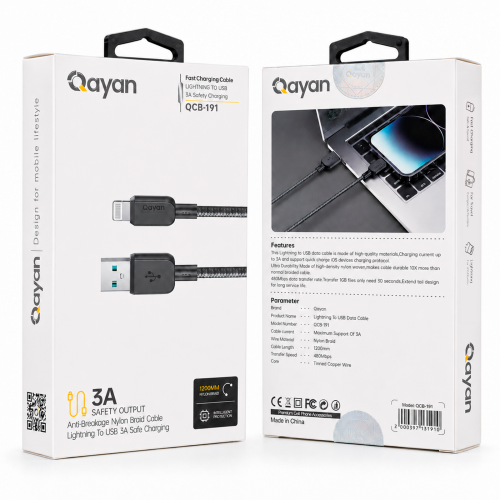Qayan QCB-191 Плетеный кабель USB & iPhone Lightning 1,2м черный фото 2