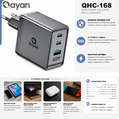 Qayan QHC-168 Блок питания сетевой для ноутбуков/ 2PD+1A+QC3.0/ 65W. (USB-A & Type-C1+C2) черный фото 2