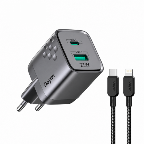 Qayan QHC-144L Блок питания сетевой + (Lightning→Type-C) кабель 1.2м./ 25W. (USB-A & Type-C) черный