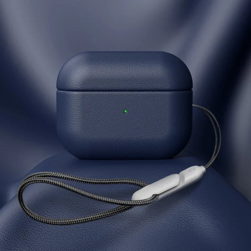 Чехол кожаный для AirPods PRO 2 со шнурком, темно-синий