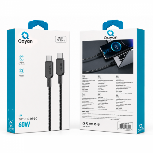 Qayan QCB-146 Плетеный кабель Type-C&Type-C 1,2м,60w./Premium/ черный фото 3