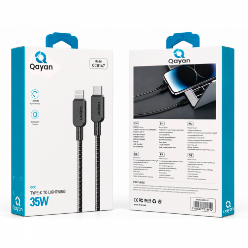 Qayan QCB-147 Плетеный кабель Type-C & iPhone Lightning 1,2м,35w./Premium/ черный фото 3