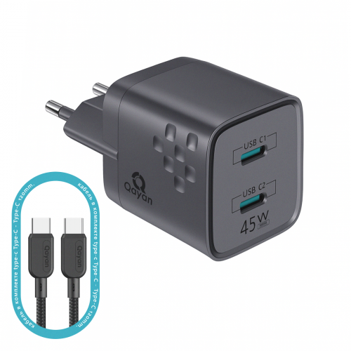 Qayan QHC-145 Блок питания сетевой + (Type-C→Type-C) кабель 1.2м./ 45W. (USB-A & Type-C) черный