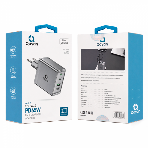 Qayan QHC-168 Блок питания сетевой для ноутбуков/ 2PD+1A+QC3.0/ 65W. (USB-A & Type-C1+C2) черный фото 3